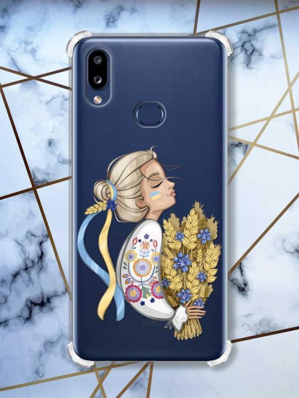 Чохол з потовщеними кутами на Samsung Galaxy A10s/A107 патріотичний дизайн Українка з колосками принт 173