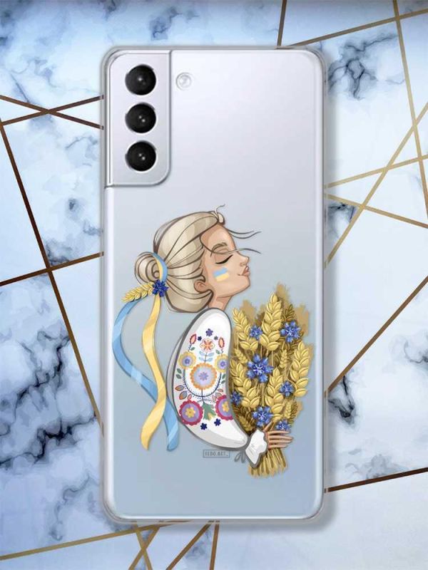 Прозорий чохол для Samsung Galaxy S21 (G991)  патріотичний дизайн Українка з колосками принт 173