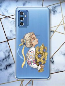 Прозорий чохол на Samsung Galaxy M52 патріотичний дизайн Українка з колосками принт 173