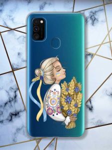 Прозорий чохол на Samsung Galaxy M30s/М21  патріотичний дизайн Українка з колосками принт 173