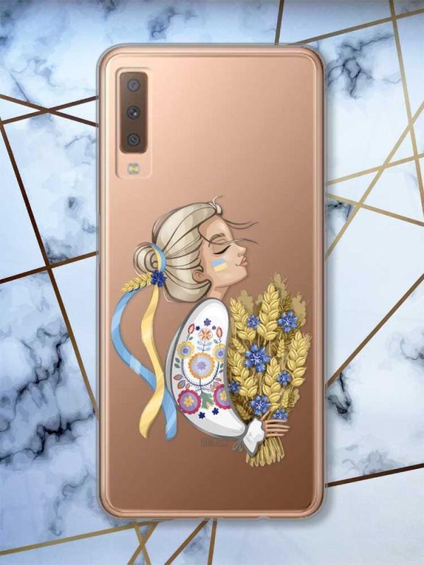 Прозорий чохол на Samsung Galaxy A7(2018) A750 патріотичний дизайн Українка з колосками принт 173