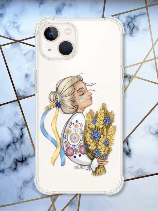 Прозорий чохол із потовщеними кутами на iPhone 14 Plus патріотичний дизайн Українка з колосками принт 173