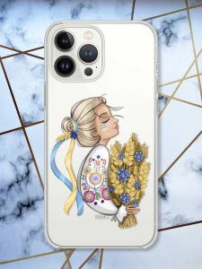 Прозорий чохол із захистом камери на iPhone 14 Pro патріотичний дизайн Українка з колосками принт 173