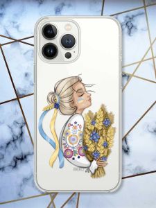 Прозорий чохол із захистом камери на iPhone 14 Pro Max патріотичний дизайн Українка з колосками принт 173