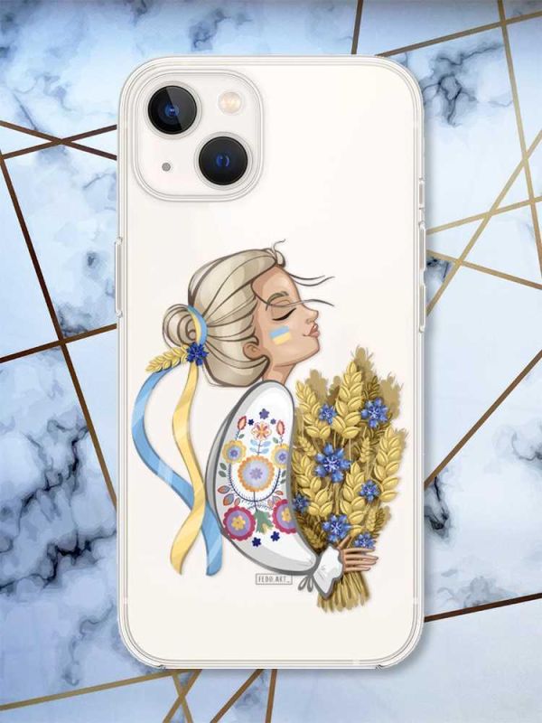 Прозорий чохол із захистом камери на iPhone 14 Plus патріотичний дизайн Українка з колосками принт 173