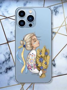 Прозорий чохол на Apple iPhone 13 Pro Max патріотичний дизайн Українка з колосками принт 173
