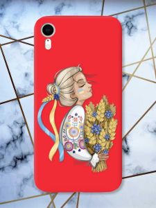 Матовий червоний чохол на Apple iPhone XR патріотичний дизайн Українка з колосками принт 173
