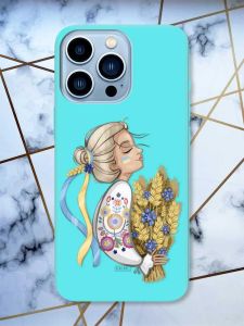 Матовий бірюзовий чохол на Apple iPhone 13 Pro Max патріотичний дизайн Українка з колосками принт 173
