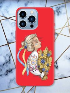 Матовий червоний чохол на Apple iPhone 13 Pro Max патріотичний дизайн Українка з колосками принт 173