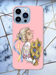Матовий рожевий чохол на Apple iPhone 13 Pro Max патріотичний дизайн Українка з колосками принт 173
