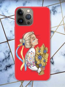 Матовий червоний чохол на Apple iPhone 13 Pro патріотичний дизайн Українка з колосками принт 173