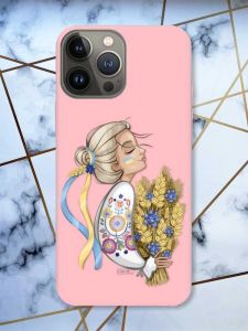 Матовий рожевий чохол на Apple iPhone 13 Pro патріотичний дизайн Українка з колосками принт 173