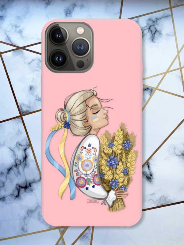 Матовий рожевий чохол на Apple iPhone 13 Pro патріотичний дизайн Українка з колосками принт 173