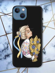 Матовий чорний чохол на Apple iPhone 13 патріотичний дизайн Українка з колосками принт 173