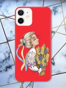 Матовий червоний чохол на Apple iPhone 12 / 12 Pro (6.1) патріотичний дизайн Українка з колосками принт 173