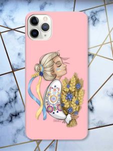 Матовий рожевий чохол на iPhone 11 Pro Max (6.5) патріотичний дизайн Українка з колосками принт 173