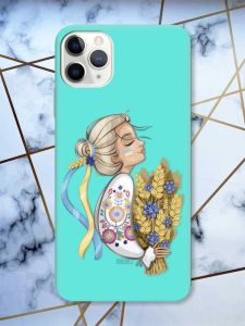 Матовий бірюзовий чохол на iPhone 11 Pro Max (6.5) патріотичний дизайн Українка з колосками принт 173