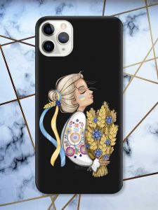 Матовий чорний чохол на iPhone 11 Pro (5.8) патріотичний дизайн Українка з колосками принт 173