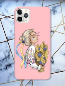 Матовий рожевий чохол на iPhone 11 Pro (5.8) патріотичний дизайн Українка з колосками принт 173