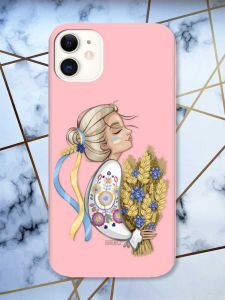 Матовий рожевий чохол на Apple iPhone 11 (6.1) патріотичний дизайн Українка з колосками принт 173