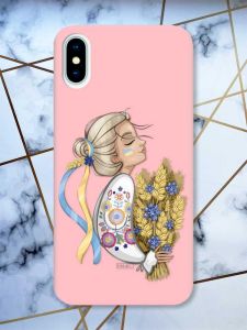 Матовий рожевий чохол на iPhone X / Xs патріотичний дизайн Українка з колосками принт 173