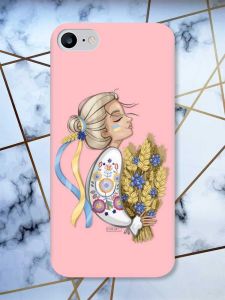 Матовий рожевий чохол на iPhone 7 / 8 патріотичний дизайн Українка з колосками принт 173