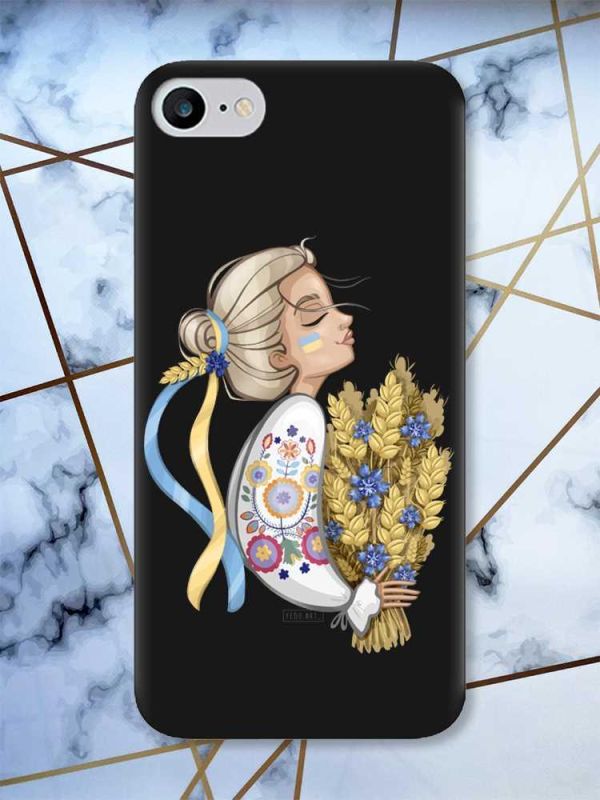 Матовий чорний чохол на iPhone 7 / 8 патріотичний дизайн Українка з колосками принт 173