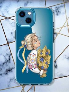 Прозорий чохол для iPhone 13 mini патріотичний дизайн Українка з колосками принт 173