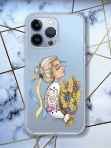 Прозорий чохол на Apple iPhone 13 Pro патріотичний дизайн Українка з колосками принт 173
