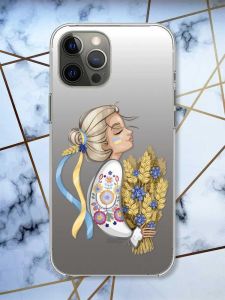 Прозорий чохол на iPhone 12 Pro Max патріотичний дизайн Українка з колосками принт 173