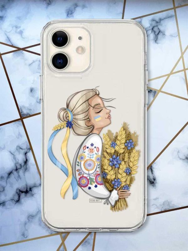 Прозорий чохол на iPhone 12 mini патріотичний дизайн Українка з колосками принт 173