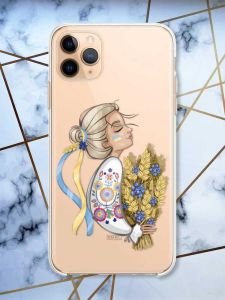 Прозорий чохол на Apple iPhone 11 Pro Max (6,5) патріотичний дизайн Українка з колосками принт 173
