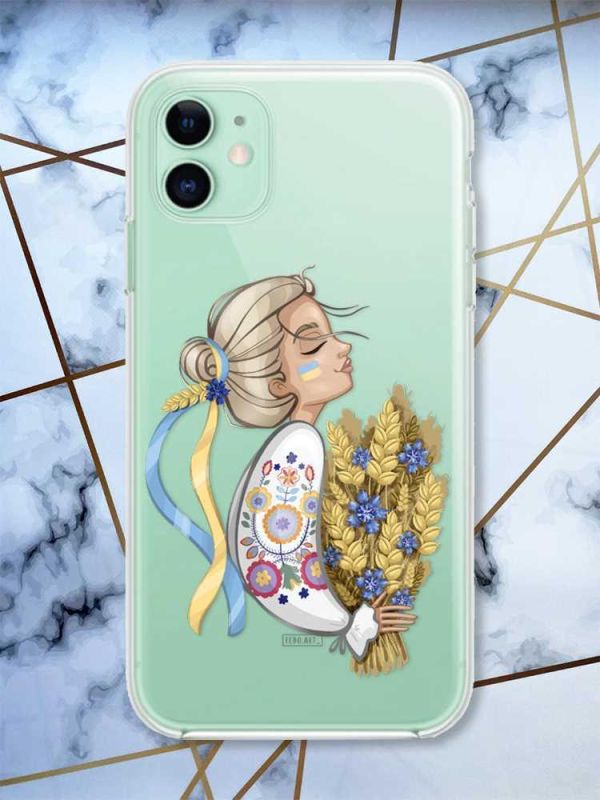 Прозорий чохол на Apple iPhone 11 (6,1) патріотичний дизайн Українка з колосками принт 173