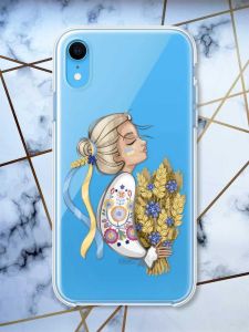 Прозорий чохол на iPhone XR патріотичний дизайн Українка з колосками принт 173