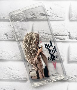 Прозорий чохол на Samsung A12 4G Дівчина з кавою принт 114
