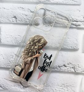 Чохол із потовщеними кутами iPhone 14 Pro Дівчина з кавою принт 114