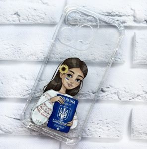Патріотичний чохол з потовщеними кутами на iPhone 14 Pro Українка з паспортом принт 12