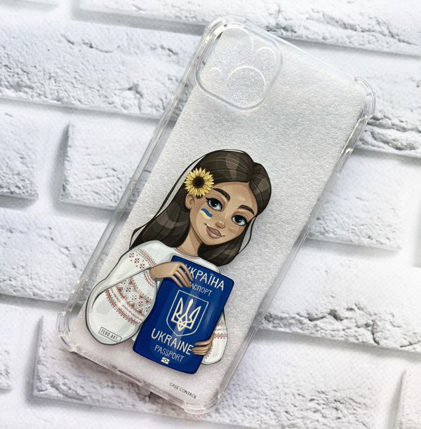 Патріотичний чохол із потовщеними кутами на iPhone 14 Plus Українка з паспортом принт 12