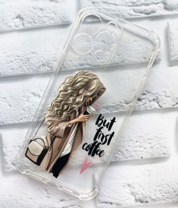 Чохол із потовщеними кутами на iPhone 14 Pro Max Дівчина з кавою принт 114