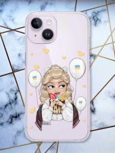 Чохол із захистом камери на iPhone 14 патріотичний дизайн Українка з солодощами (принт 175)