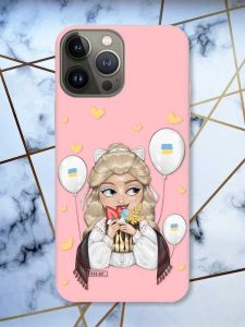 Матовий рожевий чохол на Apple iPhone 13 Pro патріотичний дизайн Українка з солодощами (принт 175)