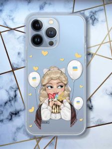 Прозорий чохол на Apple iPhone 13 Pro патріотичний дизайн Українка з солодощами (принт 175)