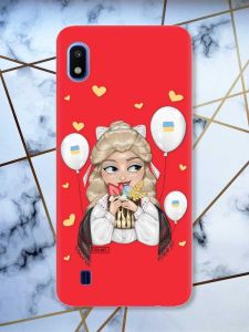Червоний чохол на Samsung Galaxy A10 (2019) A105 патріотичний дизайн Українка з солодощами (принт 175)