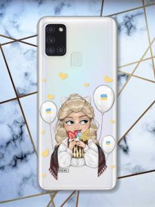 Прозорий чохол на Samsung Galaxy A21s патріотичний дизайн Українка з солодощами (принт 175)