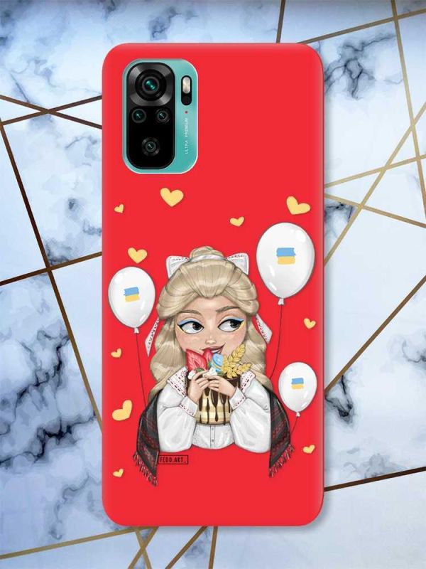 Матовий червоний чохол на Xiaomi Redmi Note 10 / Note 10s патріотичний дизайн Українка з солодощами (принт 175)