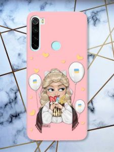 Матовий рожевий чохол на Xiaomi Redmi Note 8 патріотичний дизайн Українка з солодощами (принт 175)