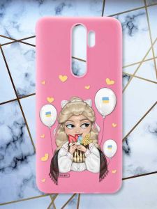 Матовий рожевий чохол на Xiaomi Redmi Note 8 Pro патріотичний дизайн Українка з солодощами (принт 175)