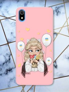 Матовий рожевий чохол на Xiaomi Redmi 7A патріотичний дизайн Українка з солодощами (принт 175)