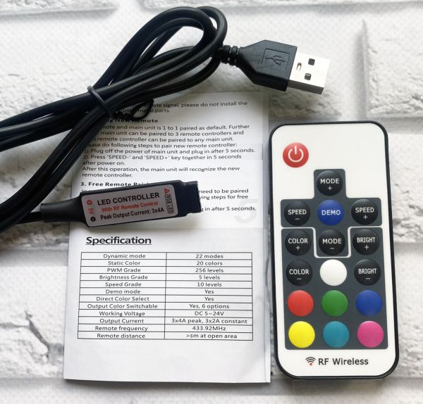 LED контролер USB для RGB світлодіодних стрічок з пультом дистанційного керування