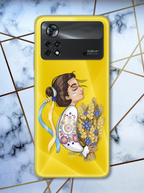 Прозорий чохол на Xiaomi Poco X4 Pro патріотичний дизайн Українка з колосками (принт 172)